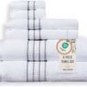 100% Cotton 520 GSM 6-Piece Bathroom Towel Set, White with Gray Stripes
