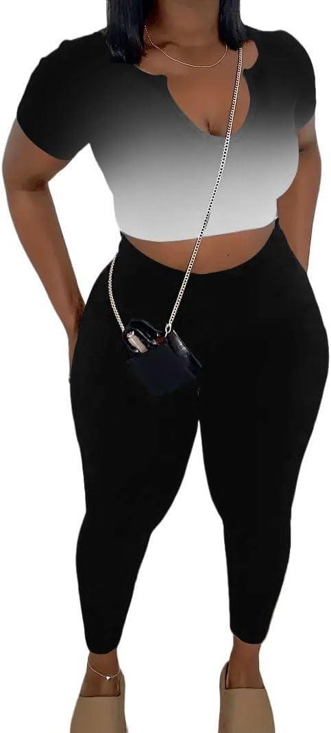 Nimsruc 2 Piece Sets For Women Sexy Casual Workout Crop Short Sleeve Long pants Leggings Sets Summer Active Wear (Large)