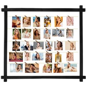 Picture Frames Collage,Photo Display Board With Clips,Hanging Picture Wall Decor for Dorm Graduation Letter Postcard Greeting Card Organizer Holder,Pine Wood,Adjustable Metal Bead String,Large,Black (1 Pack)