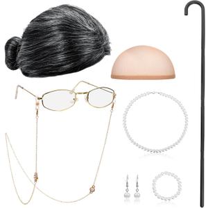 BBTO Old Lady Cosplay Set Grandma Gray Wig for Women Walking Cane Glasses Chain Cords Faux Pearl Bead Necklace