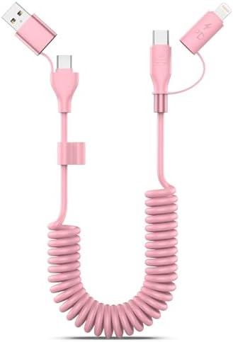 Coiled USB-C and Lightning Cable 2-in-1, 3FT iPhone 15 16 Car Charger Cord, 60W Fast Charging Cable for iPhone 16, Samsung Galaxy Supports Apple CarPlay & Android Auto (Pink)