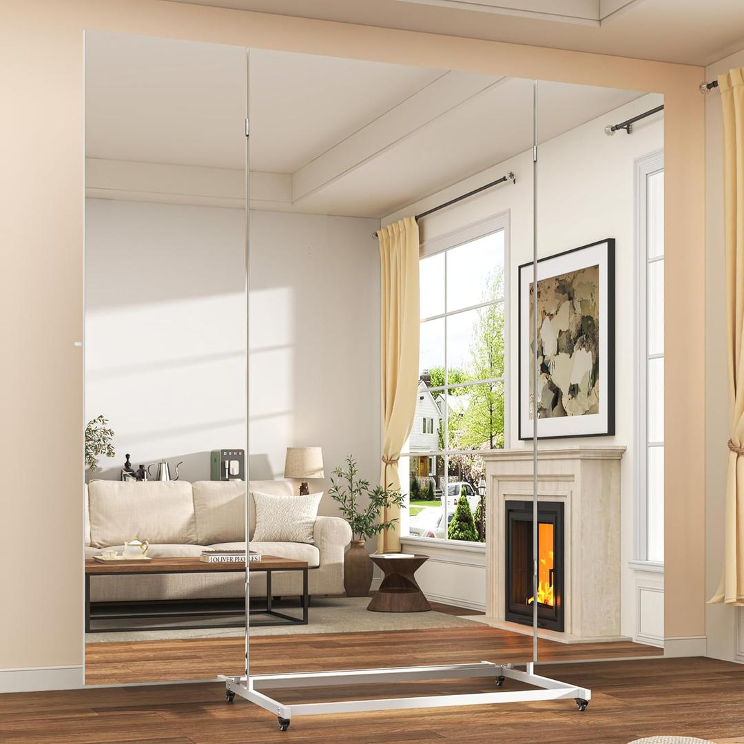 Hasipu Large Full Length Rolling Mirror - 79"79" Tri-Fold Full Body and Tempered Glass Movable Home Gym Mirror on Wheels with Stand for Gym, Dance Studio, Fitness Room, and Home