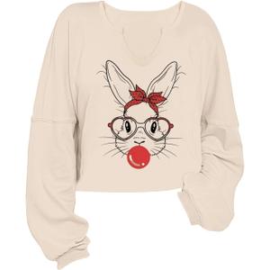 Women's Easter Bunny Sweatshirts Long Sleeve V Neck Cropped Cute Rabbit Shirts Graphic Top (Beige, XL)