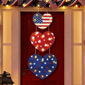 Barydat 3 Pcs Red White Blue Patriotic Wooden Door Sign 4th of July Lighted Heart Glitter 250th Anniversary Patriotic Wall Hanging Decor Plaque with LED Light for USA Independence Day Front Door Porch