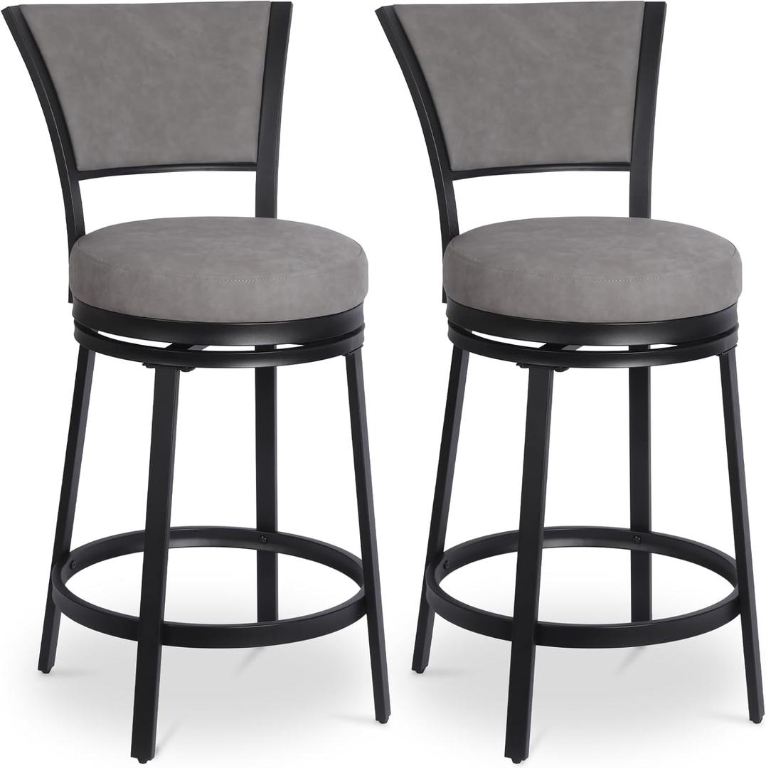 Bar Stools, Modern Counter Height Barstools Set of 2, 25" Faux Leather Round Swivel Bar Stools with Backrest, Upholstered Metal Bar Chairs for Kitchen Island, Kitchen Counter, Pub, Grey