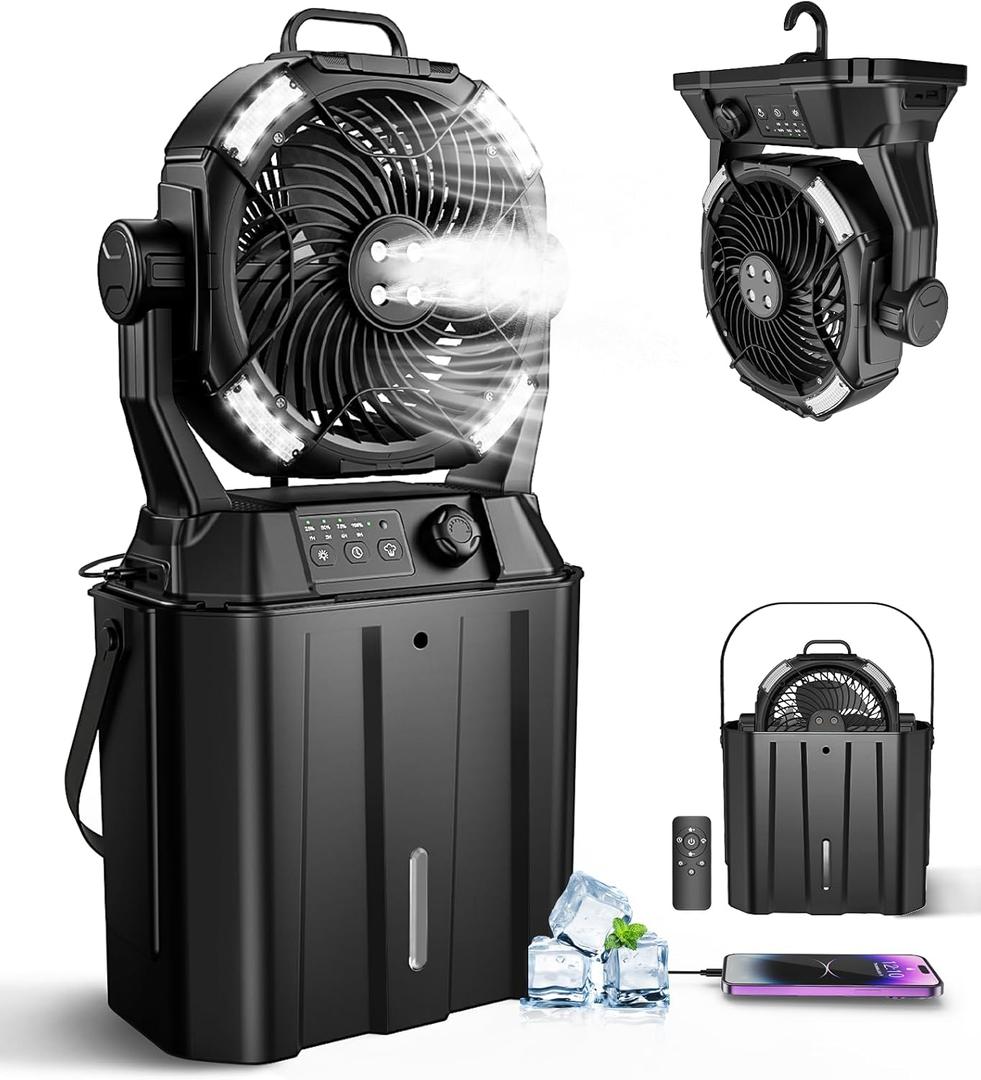 Misting Fan Portable for Outside, Camping Mister Cooling Fan for Outdoors Patios, Rechargeable Battery Operated Mist fans, 4 Spray Outlets, 3 Lights Modes, 4 Timer for Fishing/ Golf/ Garden/ Party/ Beach (Black)
