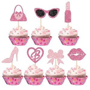 Glitter Pink Princess Cupcake Toppers Girl Cupcake Picks Handbag Glasses Bow Tie Lipstick High Heel Cake Decorations for Girl Princess Theme Bridal Shower Wedding Birthday Party Supplies（32 PCS Pink）