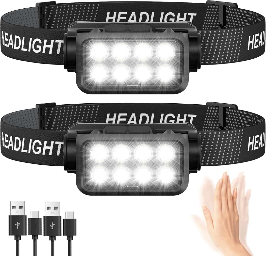 Rechargeable Headlamp Flashlight 2-Pack, 8 LED 2500 Lumen Ultra-Light Bright Headlight with Motion Sensor, Waterproof Lightweight Head Lamp for Adult Kid, Headlamps for Outdoor Camping Running Fishing (Black)