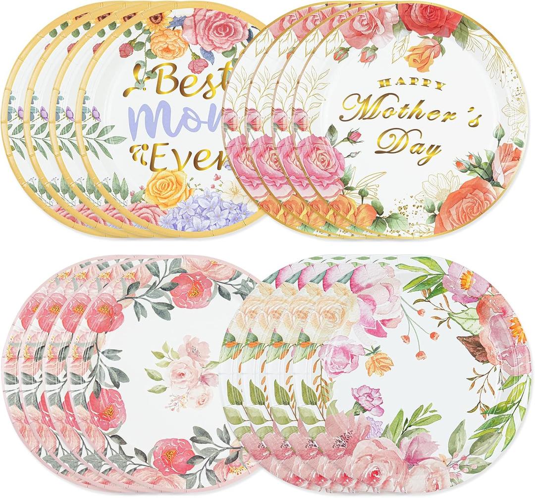 60pcs Happy Mother's Day Party Plates-7in Floral Round Disposable Paper Plates Dinner Dessert Tableware Birthday Decorations in 4 Designs for Best Mom Spring Party Supplies Birthday Serves 15