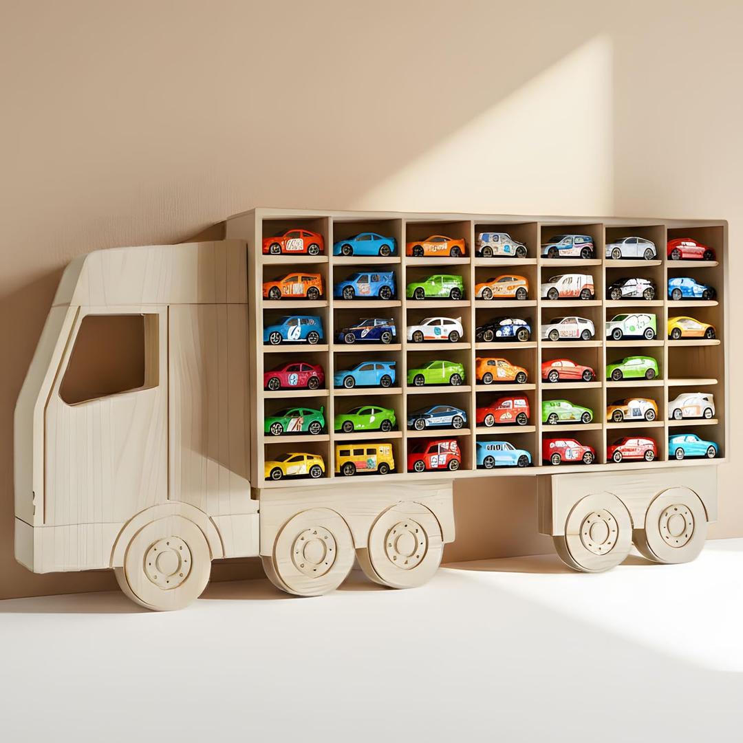 Wood Car Display Shelf, Toy Car Storage Organizer for 1/64 Scale Diecast Cars, Holds 42 Models, Freestanding & Wall-Mounted Rack, Model Car Display Case, 3 inches x 38.43 inches x 18.27 inches