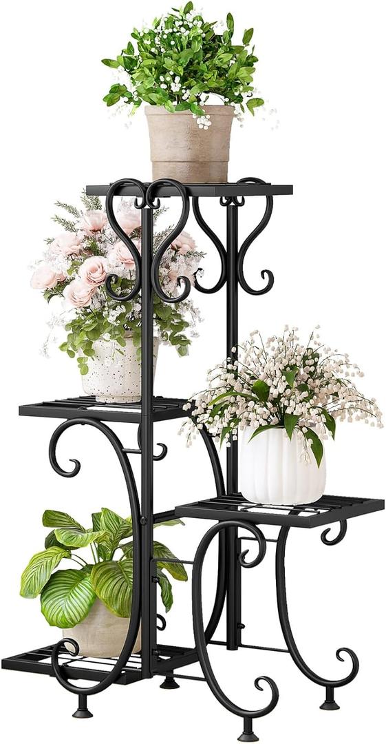 INGIORDAR Plant Stand Indoor Outdoor Shelf 4Tier Metal Holder Pot Rack Multiple Plants Stand Tall Flower Shelf Corner Living Room Garden,Black (Black, 4 Pots)