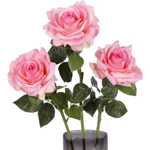 3PCS Real Touch Fake Roses Pink Flower 4.72" Large Faux Rose Realistic Artificial Flowers 25.6" Long Stem Pink Silk Rose for Wedding Table Centerpieces Home Party Decoration (Pink)