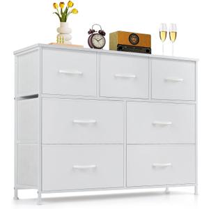 7-Drawer Dresser for Bedroom, Anti-Tip Wide Storage Organizer Fabric Chest of Drawers TV Stand for 45" TV with Wooden Top and Metal Frame for Closet, Living Room, Hallway, Entryway, White (11.8"D x 39.3"W x 30.3"H (7 Drawers))