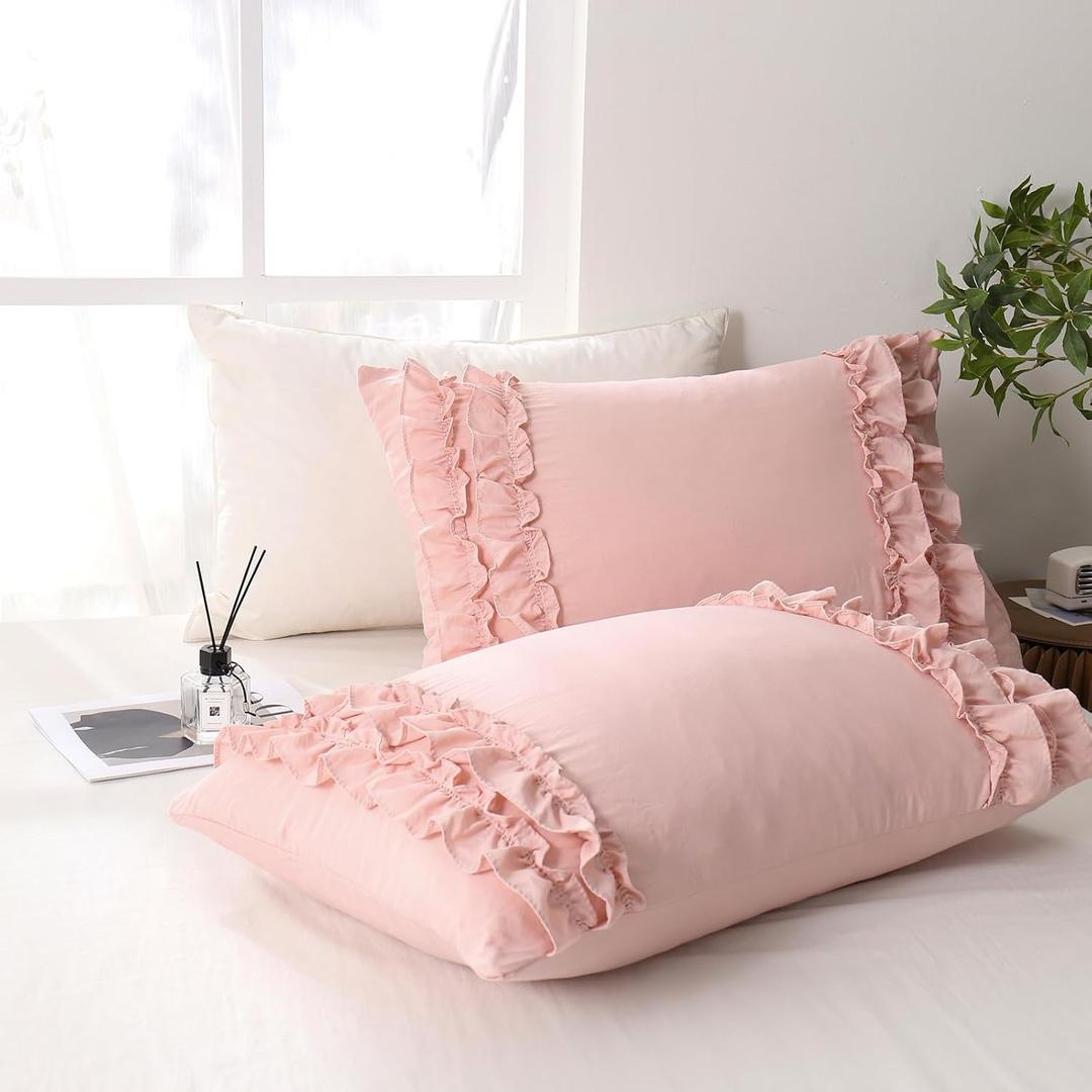 Herside Pink Ruffle King Size Pillowcase Set of 2,Chic Ruffle Pillow Sham,20x36 inches Pillow Covers,French Country Vintage Ruffled Pillowcases 2 Pack,Ultra Soft Microfiber(Pink,King)