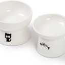 FOREYY Raised Cat Food and Water Bowl Set, Whisker Friendly Elevated Ceramic Cats Feeder Bowls with Anti Slip Ring, Anti-Vomiting Shallow High Porcelain Pet Kitten Dish, Dishwasher Safe(White)