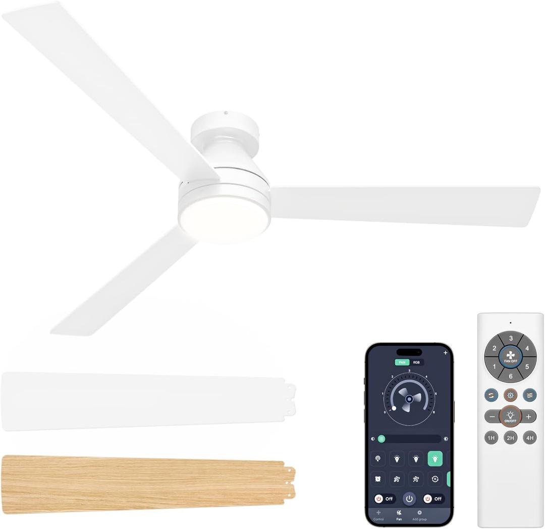 VOLISUN Ceiling Fan with Lights, 52 inch Low Profile Ceiling Fan with Light and Remote, Reversible, 3CCT, Dimmable, Noiseless, White Flush Mount Ceilings Fans for Bedroom, Indoor/Outdoor