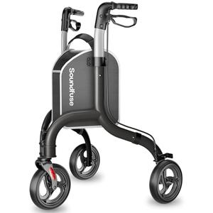 Soundfuse 3 Wheel Walkers for Seniors, Lightweight Foldable Aluminum Rollator Walker, Height Adjustable Three Wheel Walker, Black