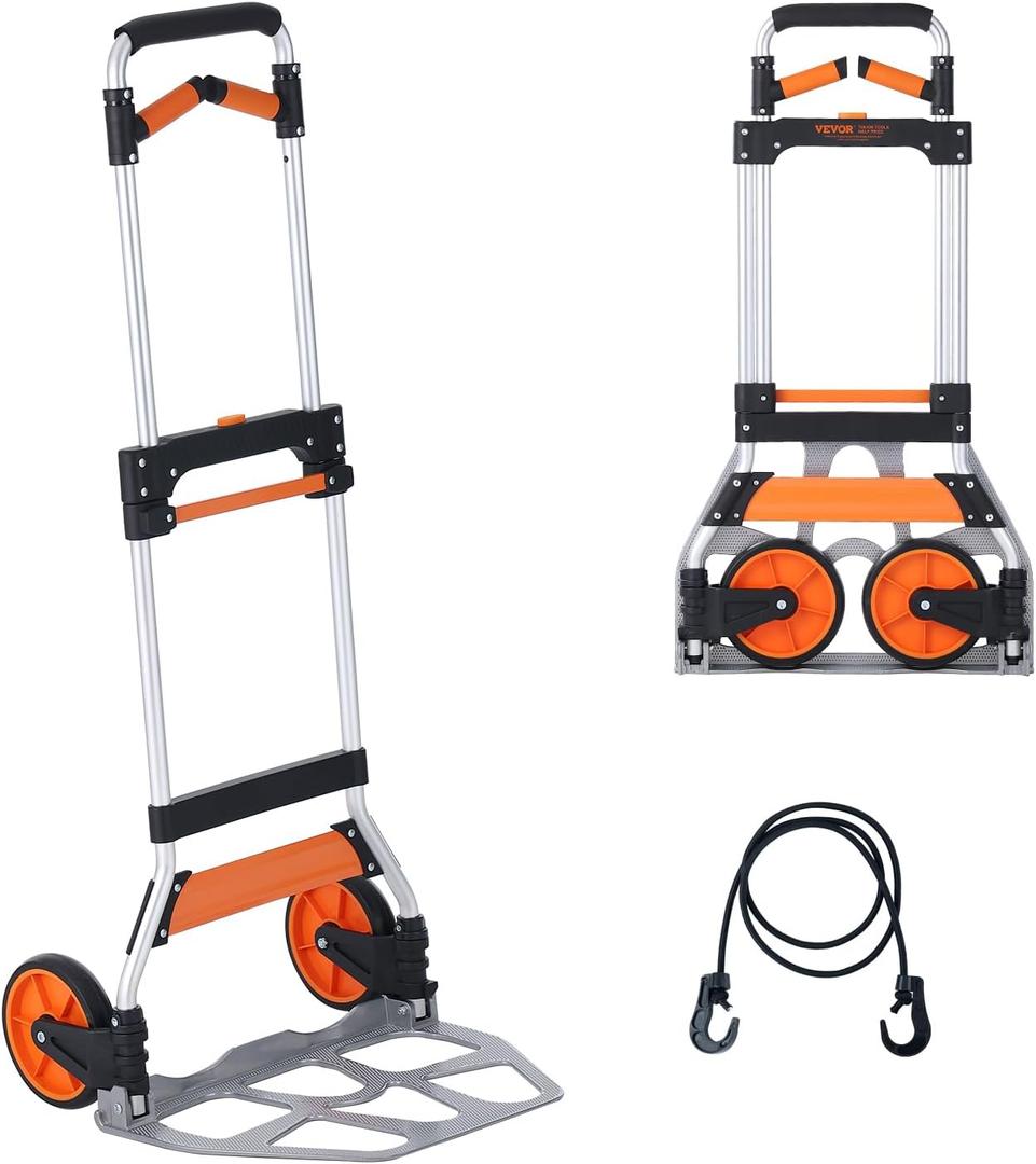VEVOR Folding Hand Truck and Dolly, 309 Lbs Capacity, Aluminum Foldable Cart, Heavy-Duty Luggage Trolley Cart with Telescoping Handle and PP+TPR Wheels for Home, Office, Shopping, Travel