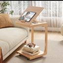 KASLANDI C Shaped Table for Couch, C Table with Wheels,Wooden Couch Table Adjustable Desktop for Living Room, Bedroom - Natural Color