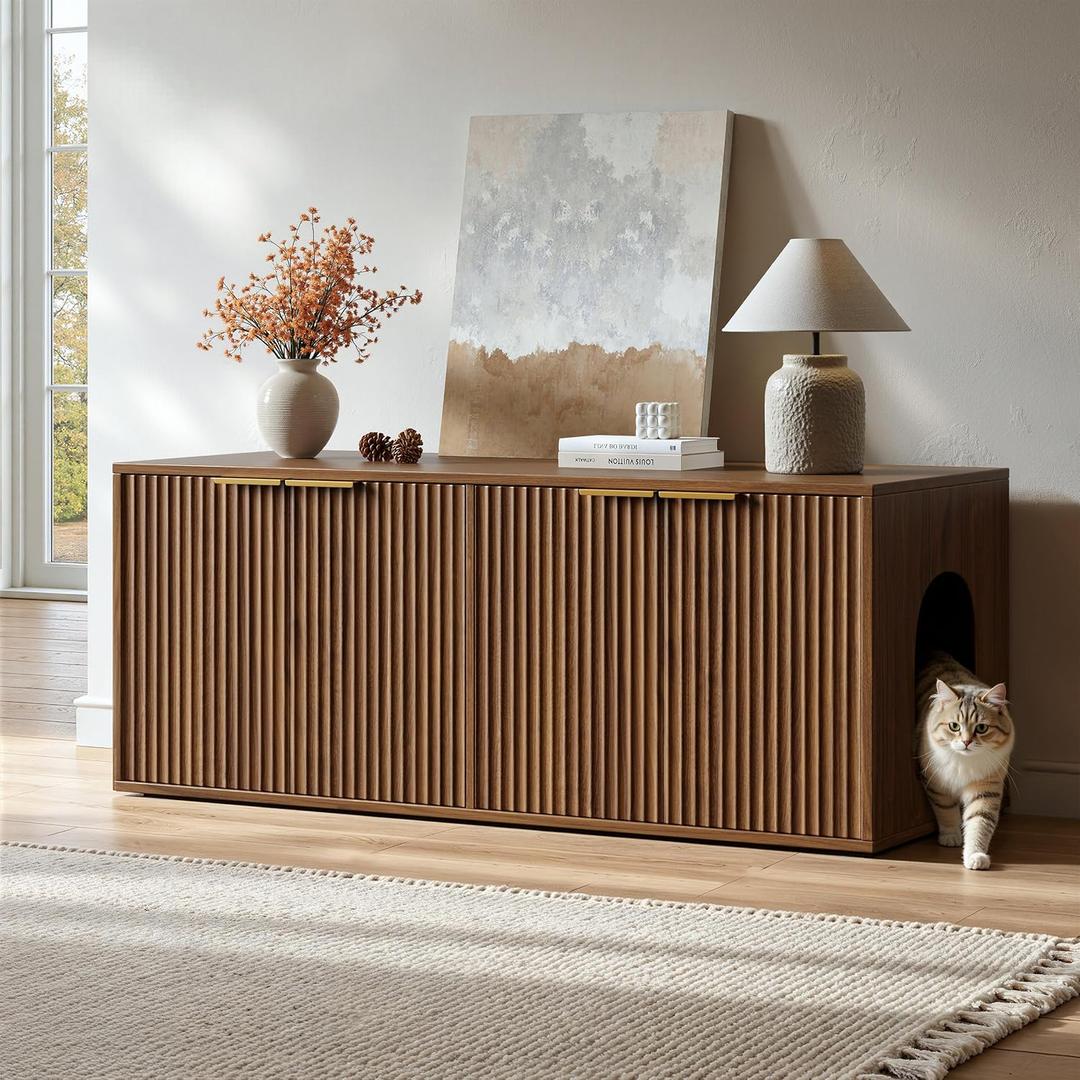 Evermagin 47.2" Walnut Litter Box Enclosure Furniture for 2 Cats