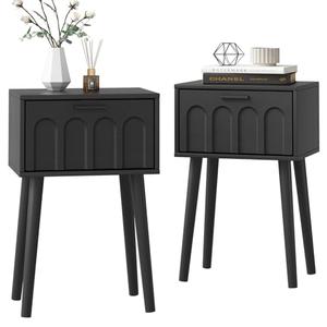 LAATOOREE Nightstand Set of 2, Small Bed Side Table with Arch Door, Mid-Century End Table with Wood Legs for Bedroom, Small Space (Black)