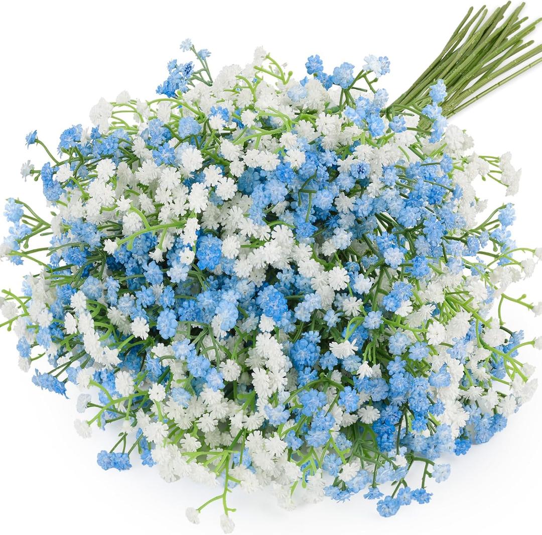 N&T NIETING Babys Breath Flowers, 15Pcs Fake Gypsophila Plants Artificial Blue White Baby Breath Flowers Bulk for Wedding Bouquets Party Home Garden Decoration, Blue & White