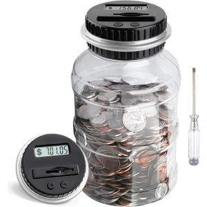 Large Piggy Bank for Boys Adults, Vcertcpl Digital Coin Counting Bank with LCD Counter, 1.8L Capacity Coin Bank Money Jar for Adults, Designed for All US Coins (Silver)