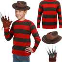 Kids Killer Costume Striped Sweater Horror Movie Freddy Outfit Accessories Hat Glove Halloween Cosplay Prop (13-14Y, 3pcs)