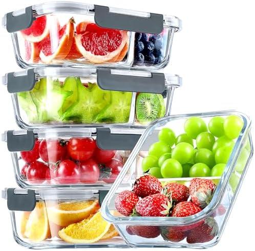 VERONES 5 Pack Glass Meal Prep Containers 2 Compartment Set, 36OZ Airtight Glass Lunch Containers, Glass Food Storage Containers with Lids, for Microwave, Oven, Freezer & Dishwasher Friendly,Grey