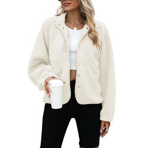 Yanekop Womens Fleece Jacket Fuzzy Long Sleeve Short Winter Coats Button Down Sherpa Jacket Outerwear with Pockets (A Ivory, Large))