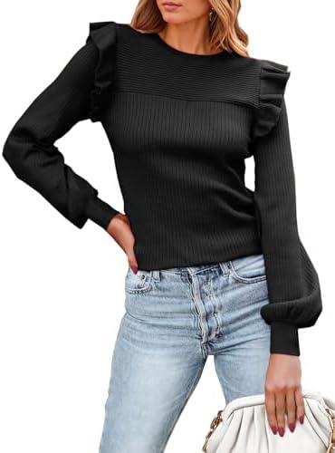 PRETTYGARDEN Women's Ruffle Long Sleeve Sweaters Crew Neck Lightweight Sweater 2026 Fall Trendy Ribbed Knit Pullover Tops Size XL