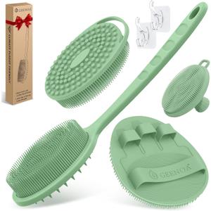 Silicone Back/Body/Face Scrubber & Soft Bath Glove Set 4PCS, Gentle Exfoliating Back & Body Scrubber with Dual-Side Brush Head, Hand-fit Bath Glove & Face Scrubber for Deep Cleaning(Green-4PC)