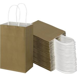 Toovip 100 Pack 5.25x3.25x8.25 Inch Small Gold Kraft Paper Bags with Handles Bulk, Gift Wrap Bags for Favor Grocery Retail Party Birthday Shopping Business Goody Craft Merchandise Take Out Cub Sacks