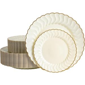 80pcs Ivory Thanksgiving Plastic Plates With Gold Rim, 10in Dinner Plate and 7in Dessert Plate Disposable Elegant Scalloped Plates for Party, Wedding