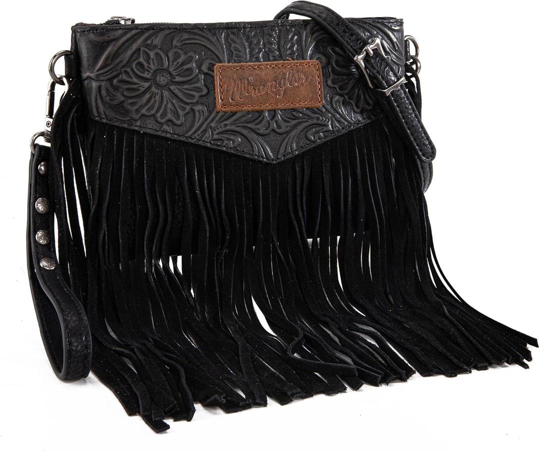 Wrangler Crossbody Small Purse for Women Wristlet Fringe Bag Western Purse (Angel Black)