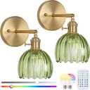 Vintage Wall Sconce Set of Two, Battery Operated Wall Sconce with Deep Green Tulip Glass Lampshade Rechargeable Wall Light with Remote Control for Bedroom,Living Room, Hallway, Aisle