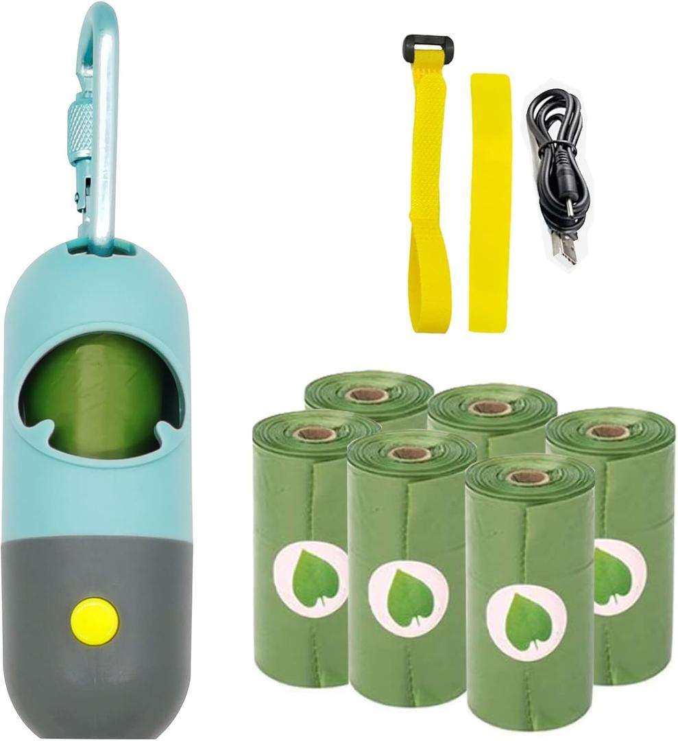 Dog Poop Bag Holder with 7 Rolls of Green Dog Waste Bags Poop Bag Holder with Rechargable Battery and USB Cable Poop Bag Dispenser with LED Flashlight (Blue)