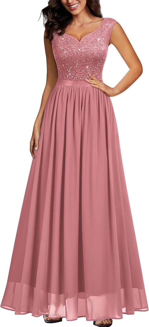 Miusol Women's Sexy Deep V-Neck Sequin Lace Double Sleeveless Evening Party Maxi Dress (S)