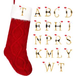 Poen Christmas Stockings with Initials 18 Inches Large Red Knit Monogram Stocking Embroidered Christmas Stockings Gold Letter Christmas Stocking for Family Holiday Xmas Gift, Red and White (Letter T)