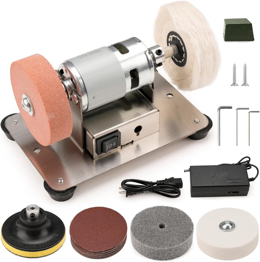 Sbestily Mini Bench Grinder Buffer Polisher, For Jewelry Wood Metal, Electric Small Benchtop Knife Sharpener Tool DIY Kit with Grinding Buffing Wheel, Sandpaper