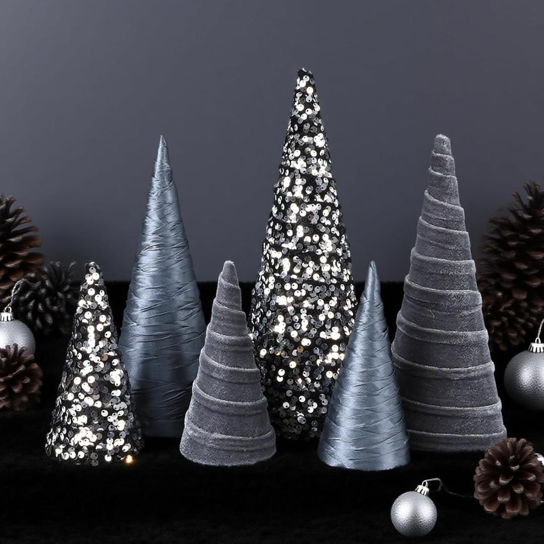 6 Pcs 12" 10" 6" Christmas Cone Tree Decoration Christmas Glitter Table Tree Farmhouse Tree Tiered Tray Ornament Xmas Tree for Home Holiday Entryway Tabletop Tree Centerpiece Decor (Black and Gray)
