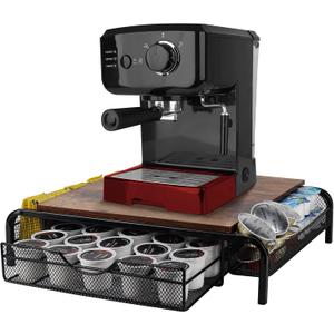 Lyeasw Rustic Coffee Pod Holder for K Cups, 30 Capacity Capsule Storage Drawer with Side Baskets Organizer for Coffee Station, Brown