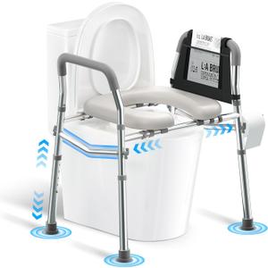 Raised Toilet Seat with Handles, Height and Width Adjustable FSA/HSA Eligible Toilet Seat Risers for Seniors 400lb Cozy Padded Raised Toilet Seat for Elderly, Handicap and Disabled Grey (Gray)