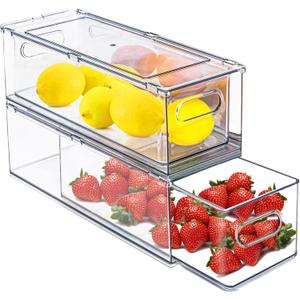 bealy 2 Pack Fridge Organizers and Storage with Pull out Drawer, Stackable Storage Drawer, Clear Refrigerator Organizers, BPA-Free for Kitchen Cabinet Pantry, 3.14QT