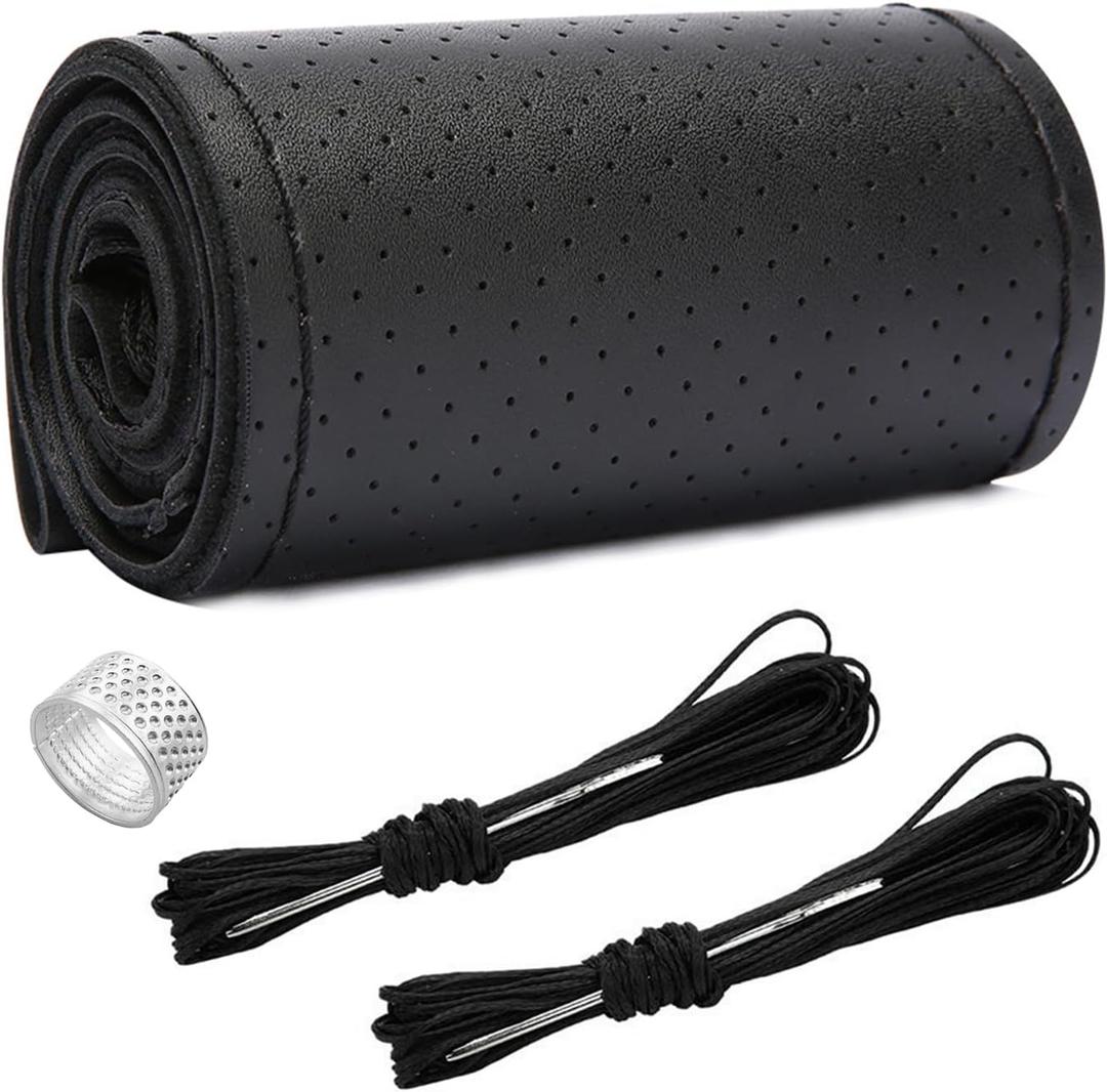 Ziciner Genuine Leather Steering Wheel Cover, Stitch on Wrap, Breathable Anti-Slip Car Steering Wheel Protector for Max Diameter 15 Inch, DIY Sewing with Needles Thread (Black, Hole)