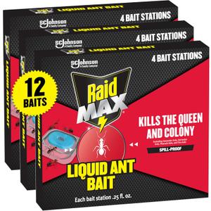 Raid Max Liquid Ant Bait; Kills Ants Where They Breed, for Indoor and Outdoor Use; 12 Bait Stations