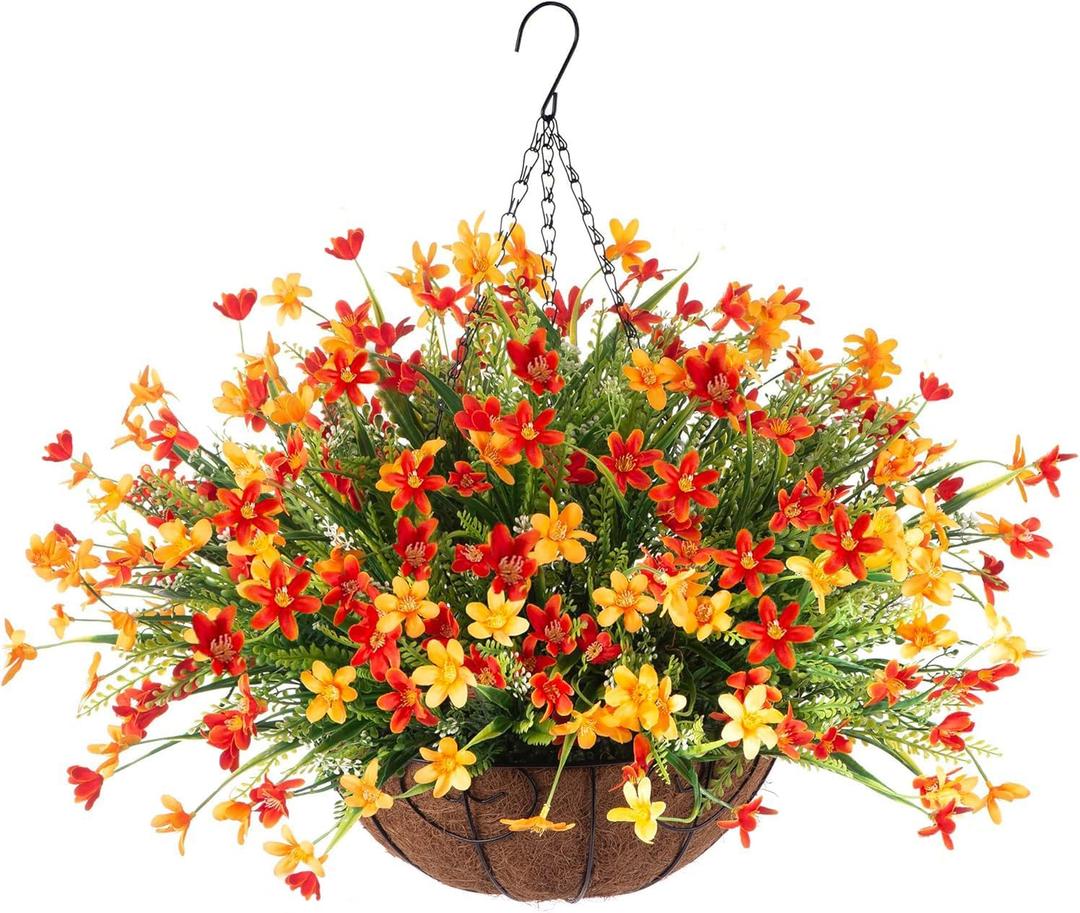 Artificial Spring Fake Flowers with Hanging Basket for Outdoor Summer Decoration, Fake Mums Silk Flowers UV Resistant Faux Flower Plants for Porch Patio Garden Balcony Outside Indoor Decor (Orange)