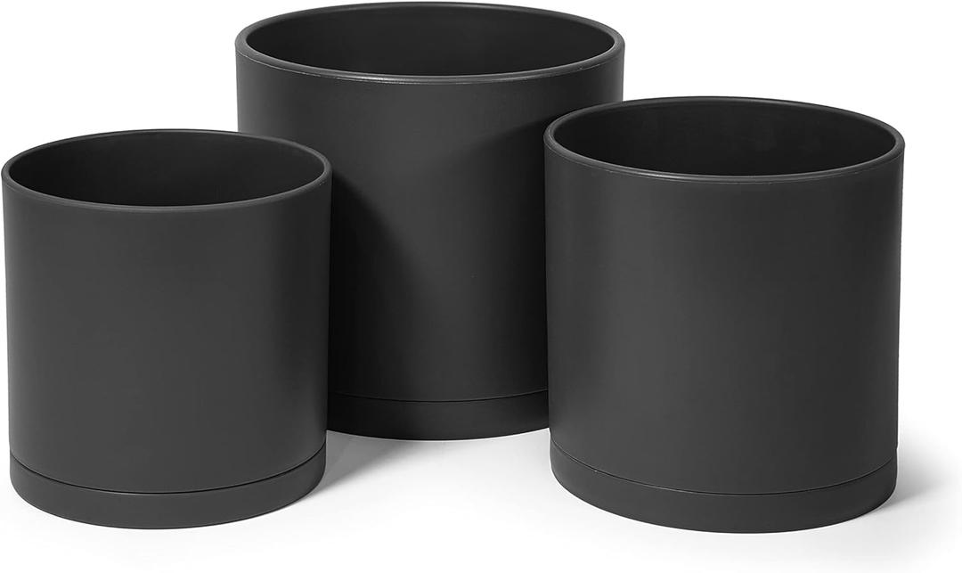 D'vine Dev 6 Inch 6.5 Inch 8 Inch, Set of 3 Plastic Planter Pots for Plants with Drainage Hole and Seamless Saucers, Black Color, Medium, 74-V-B-3