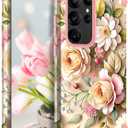 TEECOVER Heavy Duty Case for Samsung Galaxy S24 Ultra, Rose Gold Flowers | Shockproof Full-Body Drop Protection Hard Plastic Bumper + Soft Silicone Rubber Protective Case for Women Girls.