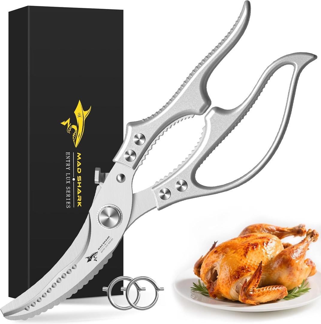 MAD SHARK Heavy Duty Poultry Shears, Kitchen Shears with Non-Slip Handle & Safety Lock, All Purpose Kitchen Scissors for Chicken, Meat Cutting, Turkey, Fish, Vegetables, Spring Loaded, Dishwasher Safe (Silver)